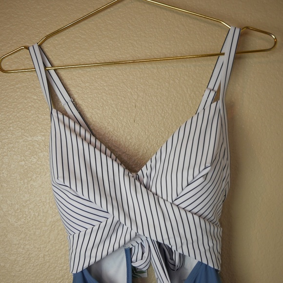 Eomenie Tummy Control Blue Striped Womens Large One Piece Sexy Cutout Swimsuit - Picture 8 of 12